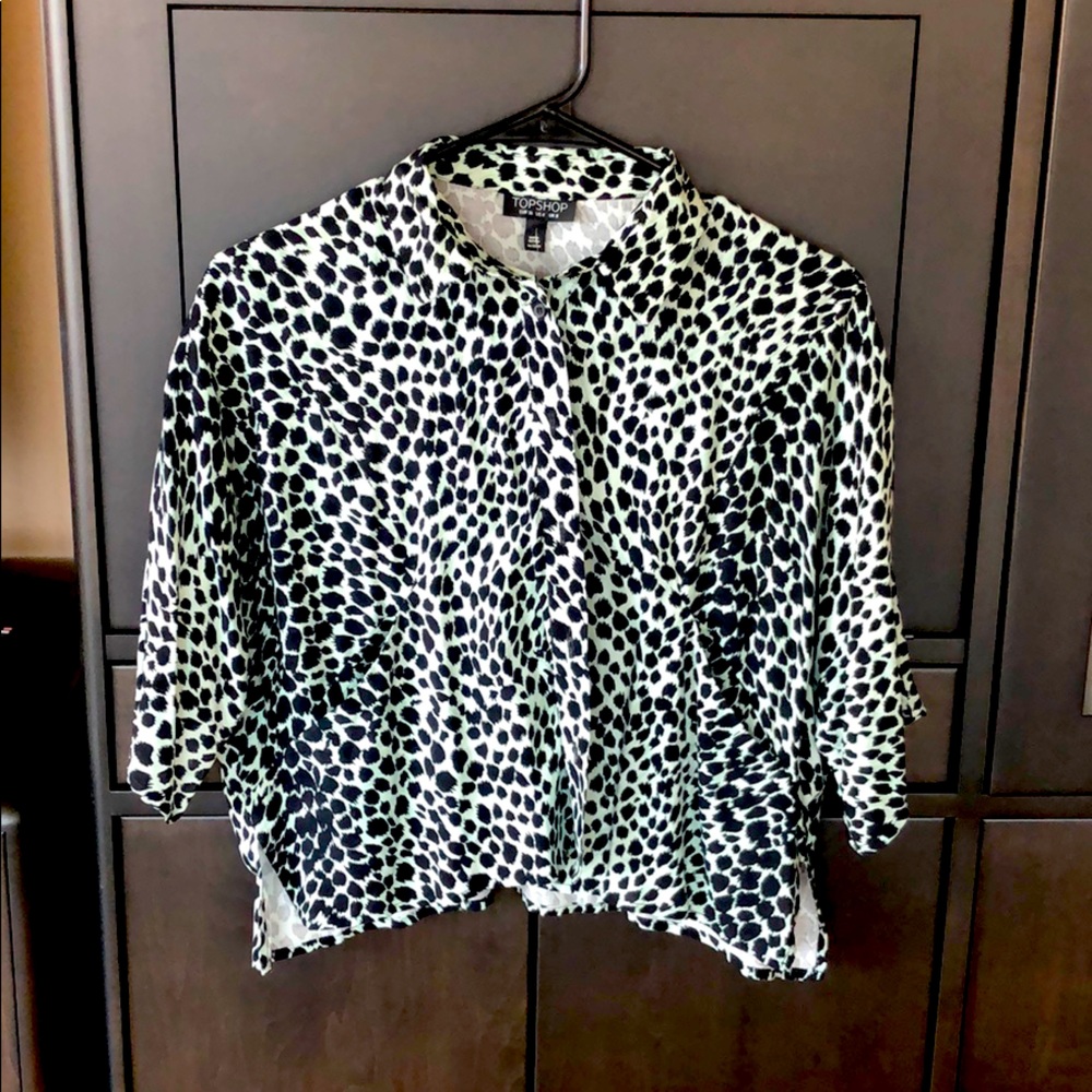 Topshop button-up light green animal print top